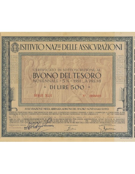 BTP NOVENNALE 500 LIRE SERIE XLII - IST. NAZ. DELLE ASSICURAZIONI 1942