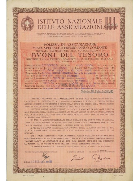 BTP NOVENNALI - POLIZZA DI ASSIC. - IST. NAZ. DELLE ASSICURAZIONI 1943