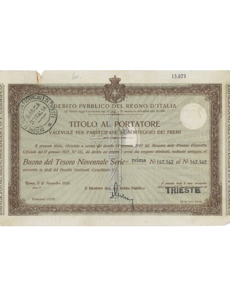 TITOLO PER BUONO DEL TESORO NOVENNALE - PRIMA SERIE ROMA 1926
