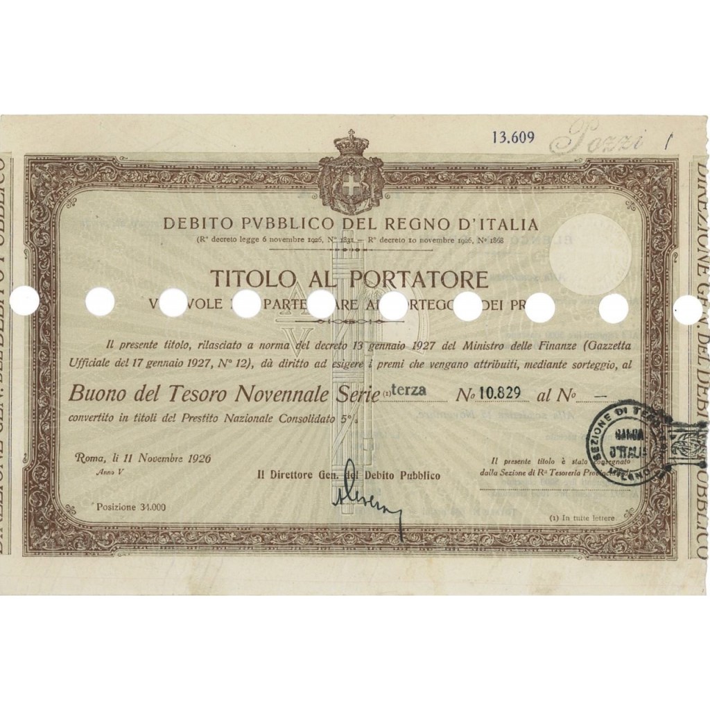 TITOLO PER BUONO DEL TESORO NOVENNALE - TERZA SERIE ROMA 1926