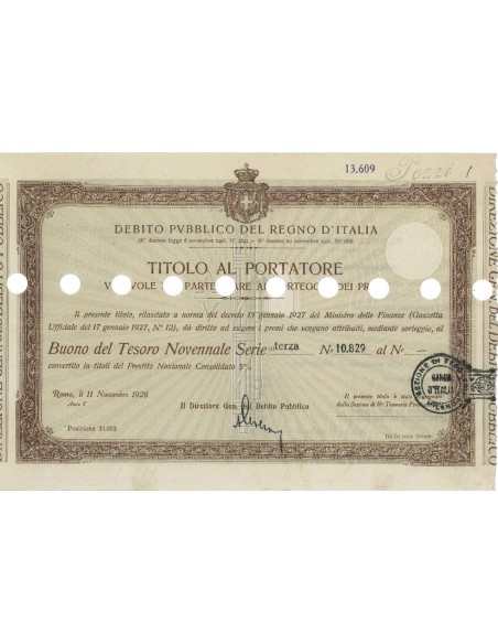 TITOLO PER BUONO DEL TESORO NOVENNALE - TERZA SERIE ROMA 1926