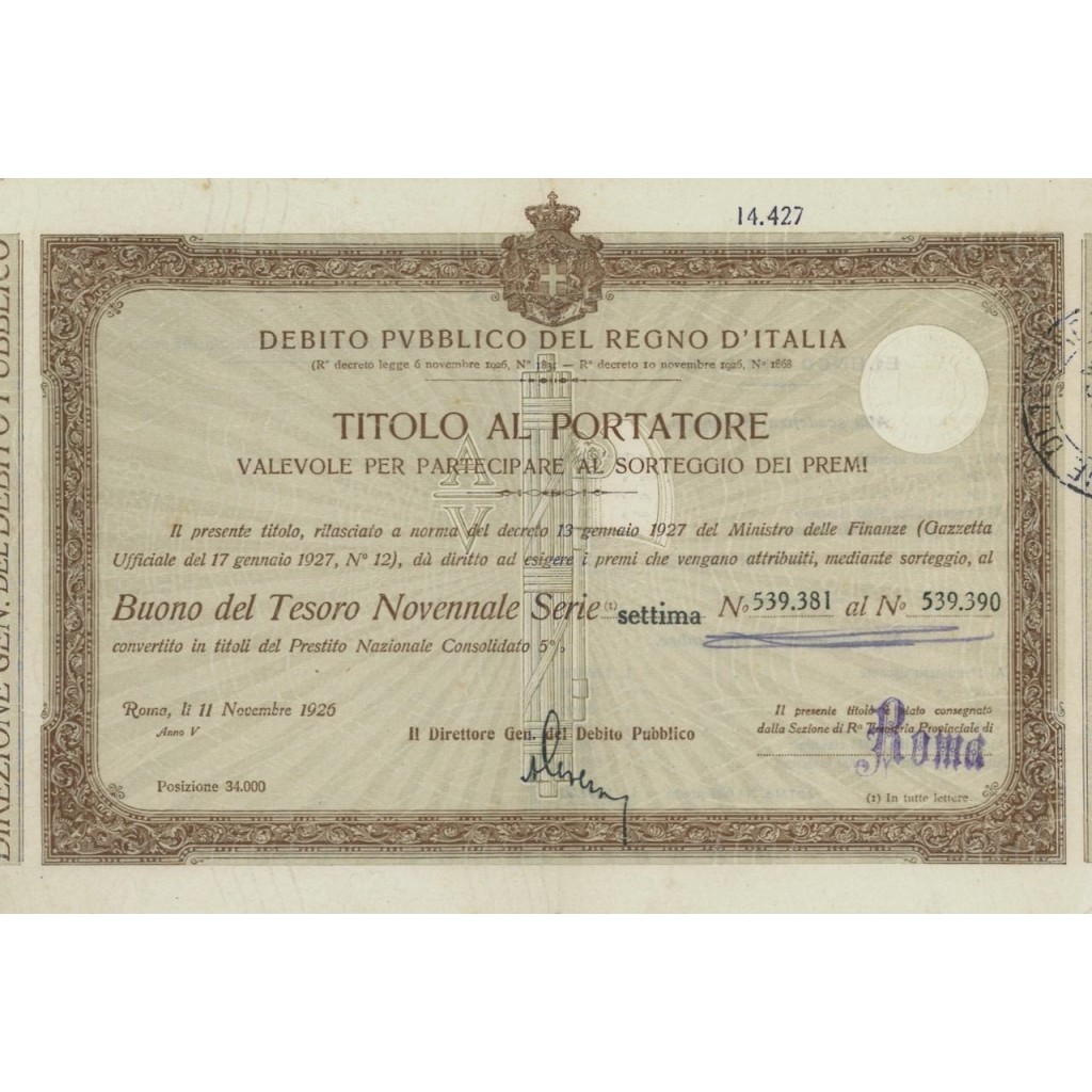 TITOLO PER BUONO DEL TESORO NOVENNALE - SETTIMA SERIE ROMA 1926