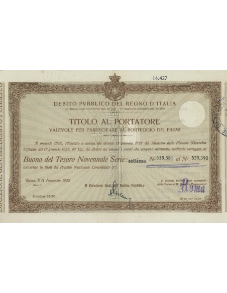 TITOLO PER BUONO DEL TESORO NOVENNALE - SETTIMA SERIE ROMA 1926