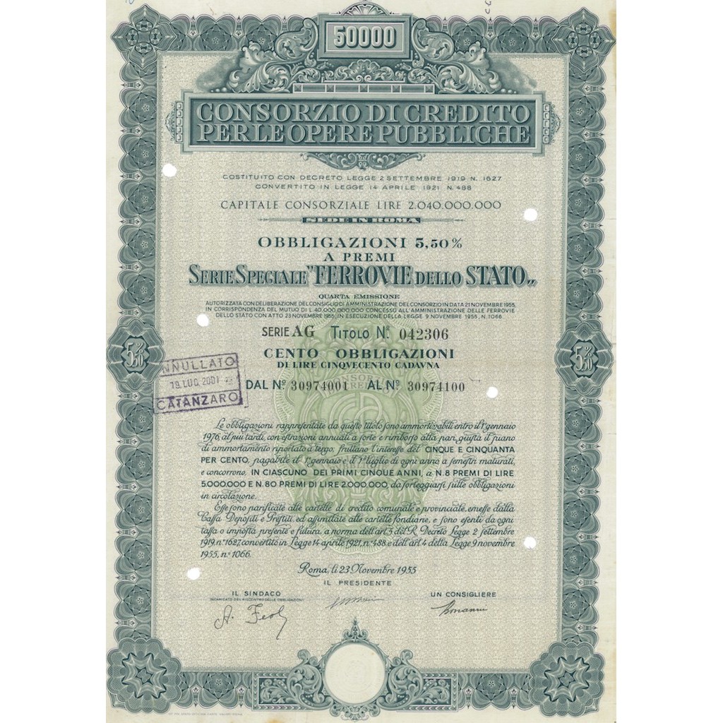 CONS. DI CREDITO PER LE OPERE PUBBLICHE FERROVIE DELLO STATO 100 OBBL. 5,50% ROMA 1955