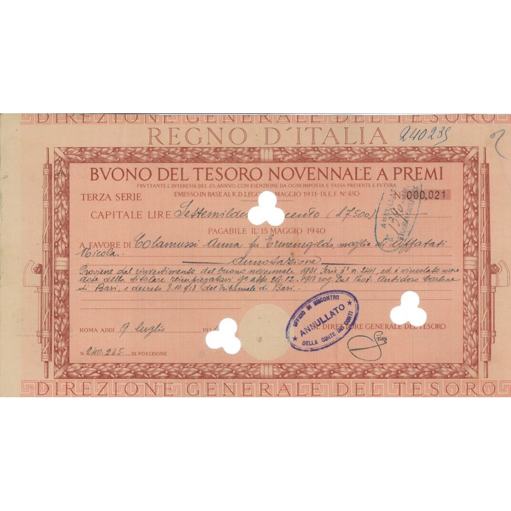 TITOLO PER BUONO DEL TESORO NOVENNALE - TERZA SERIE ROMA 1931