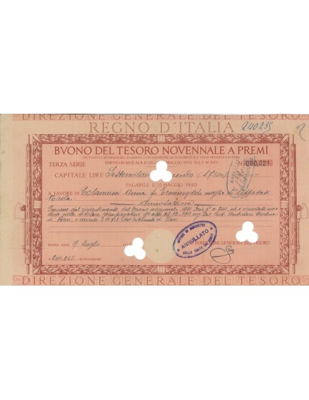TITOLO PER BUONO DEL TESORO NOVENNALE - TERZA SERIE ROMA 1931