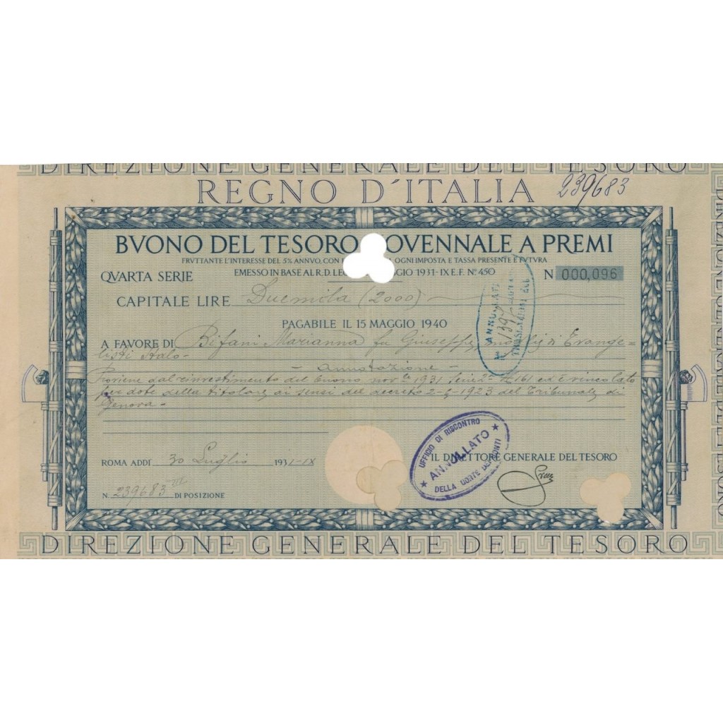 TITOLO PER BUONO DEL TESORO NOVENNALE - QUARTA SERIE ROMA 1931