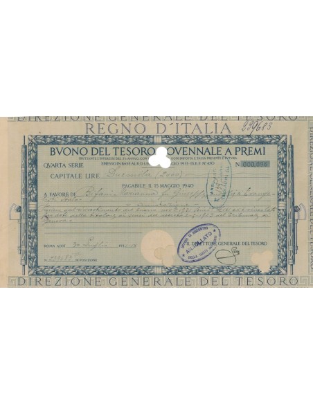 TITOLO PER BUONO DEL TESORO NOVENNALE - QUARTA SERIE ROMA 1931