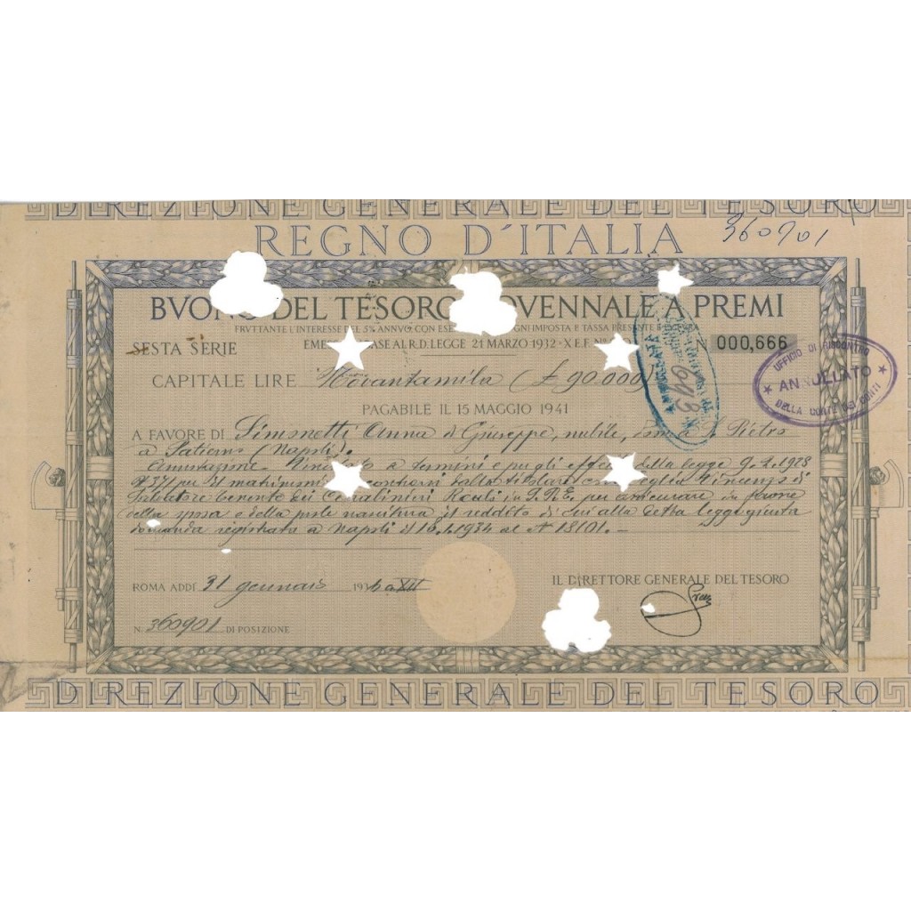 BUONO DEL TESORO NOVENNALE - SESTA SERIE ROMA 1936