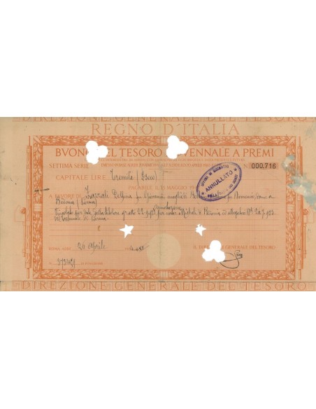 BUONO DEL TESORO NOVENNALE - SETTIMA SERIE ROMA 1934
