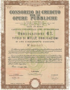 CONSORZIO DI CREDITO PER LE OPERE PUBBLICHE 1.000 OBBLIG.6% ROMA 1964