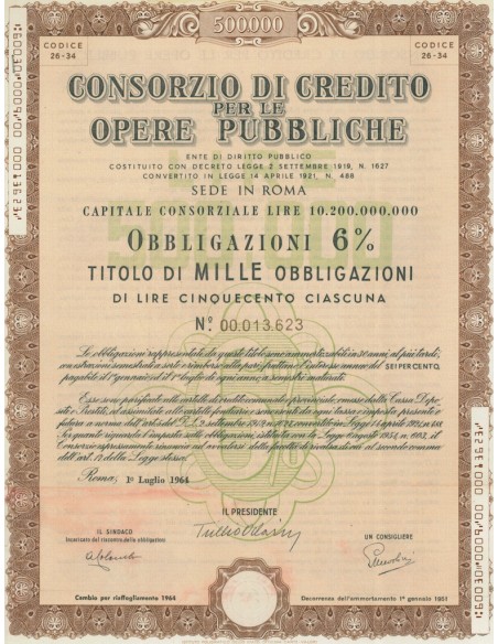 CONSORZIO DI CREDITO PER LE OPERE PUBBLICHE 1.000 OBBLIG.6% ROMA 1964