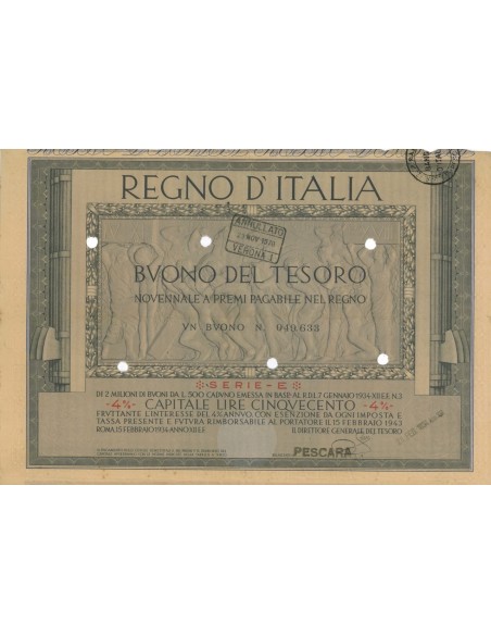 1 BUONO DEL TESORO NOVENNALE - SERIE E PESCARA 1934