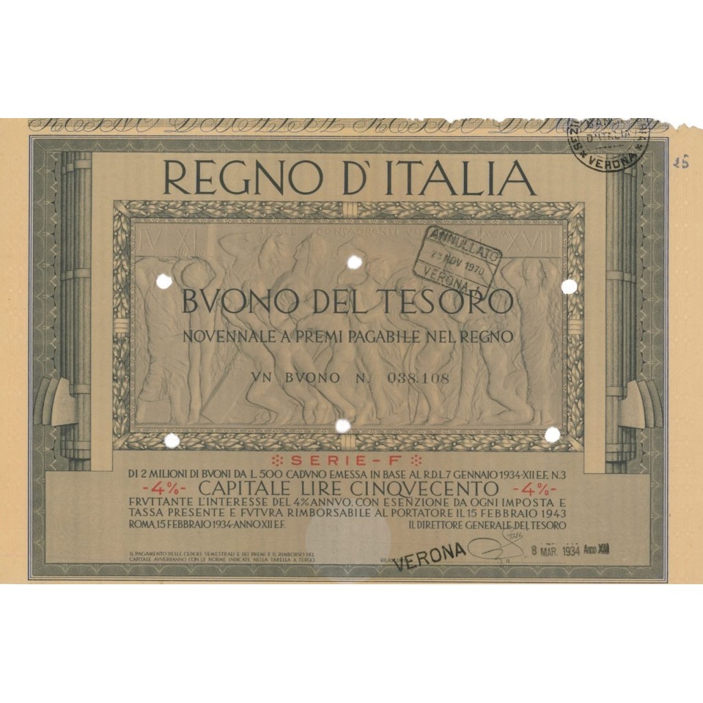 1 BUONO DEL TESORO NOVENNALE - SERIE F VERONA 1934