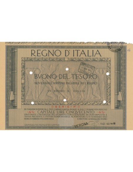 1 BUONO DEL TESORO NOVENNALE - SERIE F VERONA 1934