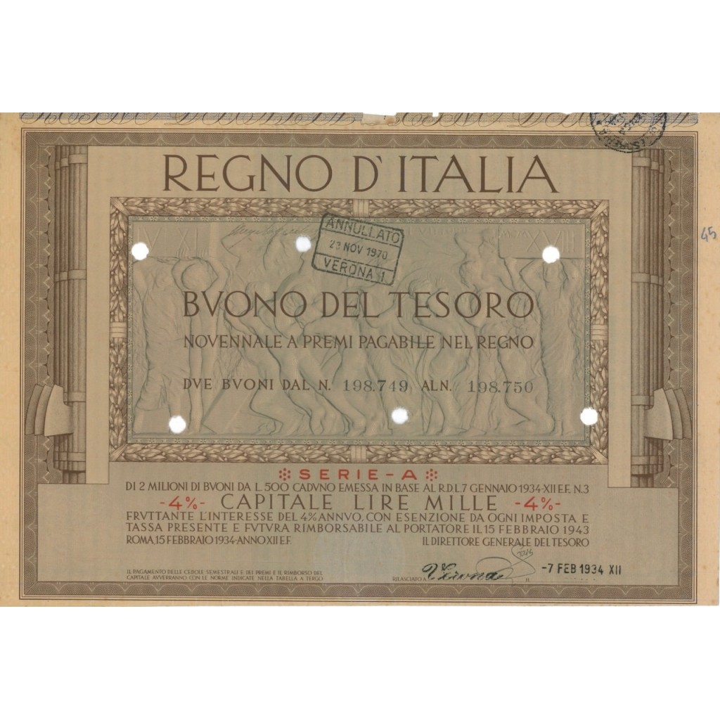 1934/02 BUONO DEL TESORO NOVENNALE A PREMI 4 LIRE 1.000 ROMA
