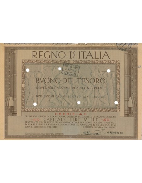 2 BUONI DEL TESORO NOVENNALE - SERIE A VERONA 1934