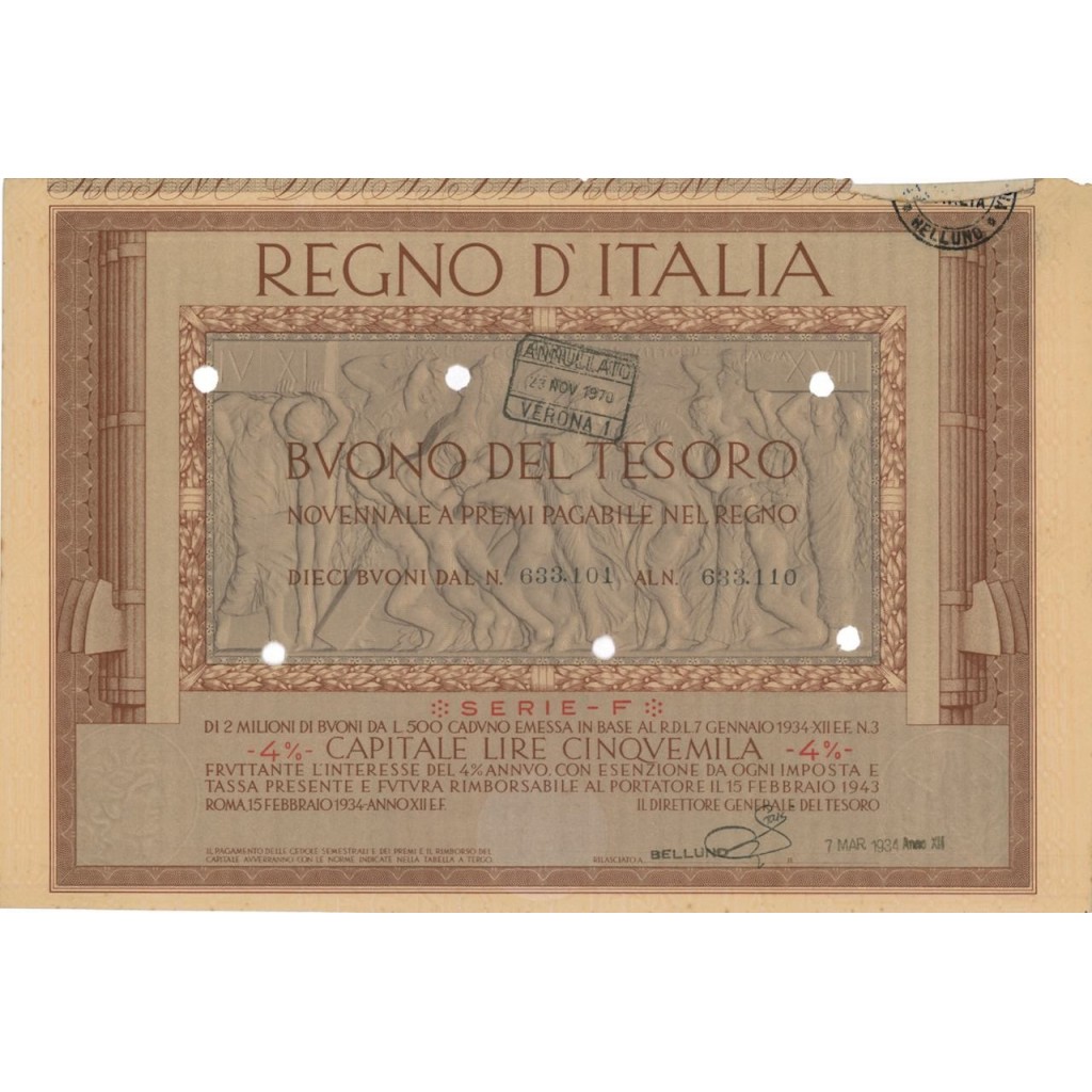 10 BUONI DEL TESORO NOVENNALE - SERIE F BELLUNO 1934