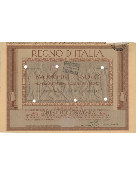 10 BUONI DEL TESORO NOVENNALE - SERIE F BELLUNO 1934