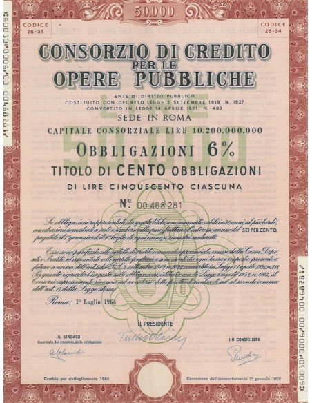 CONSORZIO DI CREDITO PER LE OPERE PUBBLICHE 100 OBBLIG.6% ROMA 1964