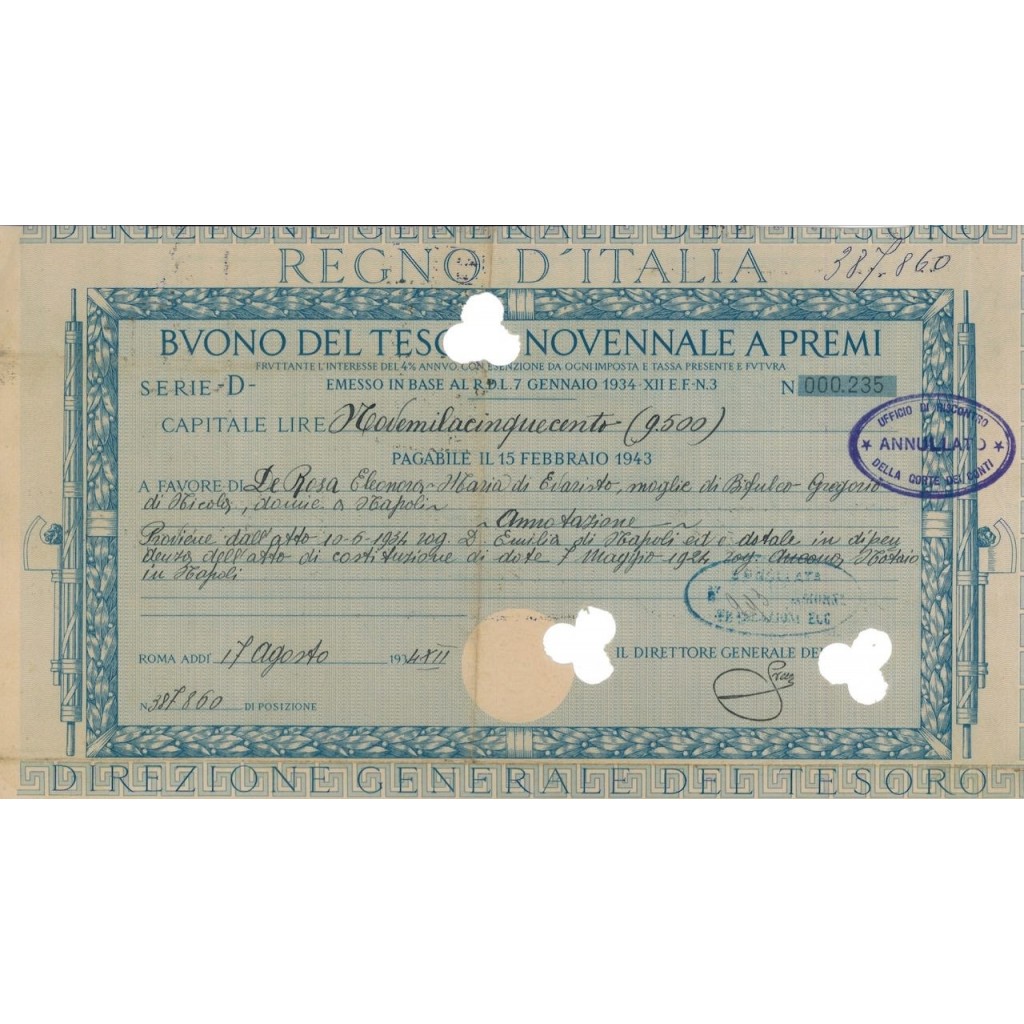BUONO DEL TESORO NOVENNALE - SERIE D ROMA 1934