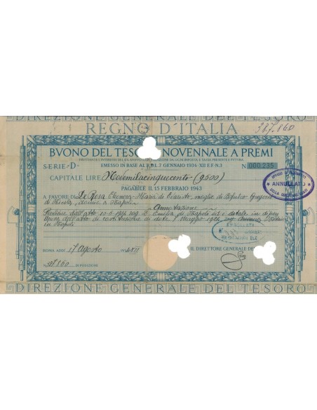 BUONO DEL TESORO NOVENNALE - SERIE D ROMA 1934