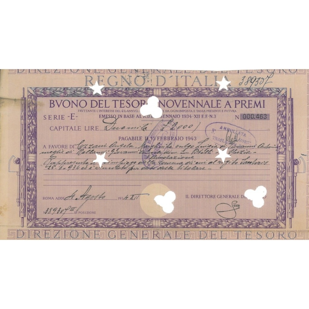 BUONO DEL TESORO NOVENNALE - SERIE E ROMA 1934