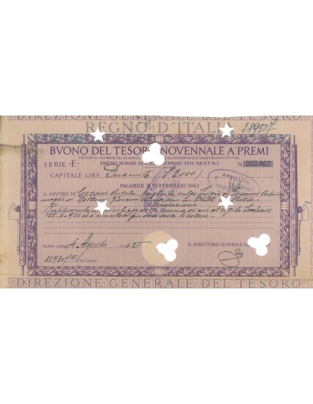 BUONO DEL TESORO NOVENNALE - SERIE E ROMA 1934