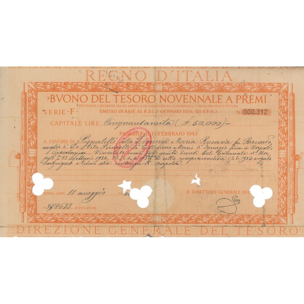 BUONO DEL TESORO NOVENNALE - SERIE F ROMA 1943