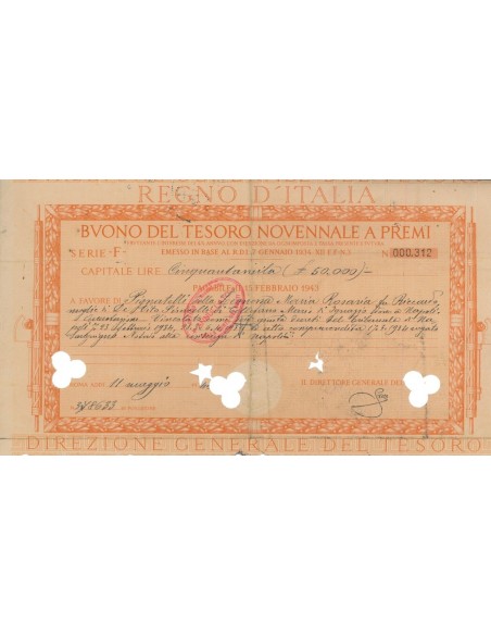 BUONO DEL TESORO NOVENNALE - SERIE F ROMA 1943