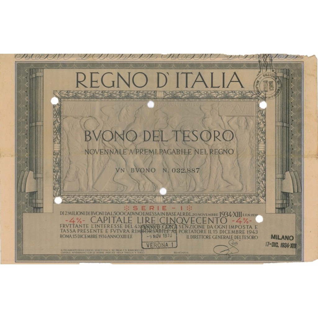 BUONO DEL TESORO NOVENNALE - SERIE I MILANO 1934
