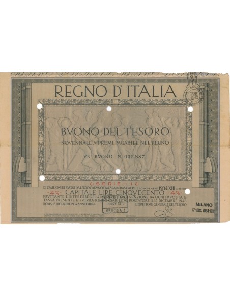 BUONO DEL TESORO NOVENNALE - SERIE I MILANO 1934