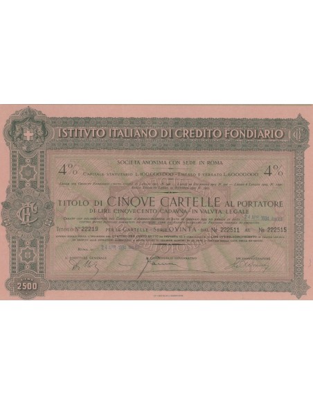 ISTITUTO ITALIANO DI CREDITO FONDIARIO 4% DA 5 CART. AL PORT. ROMA 1934
