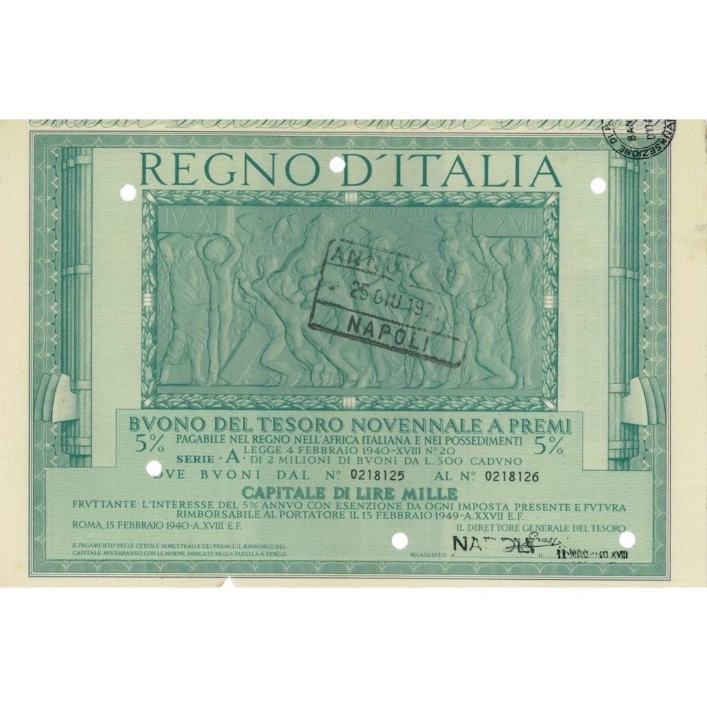 BUONO DEL TESORO NOVENNALE - SERIE A NAPOLI 1940