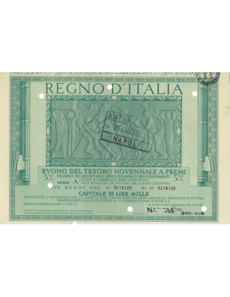 BUONO DEL TESORO NOVENNALE - SERIE A NAPOLI 1940