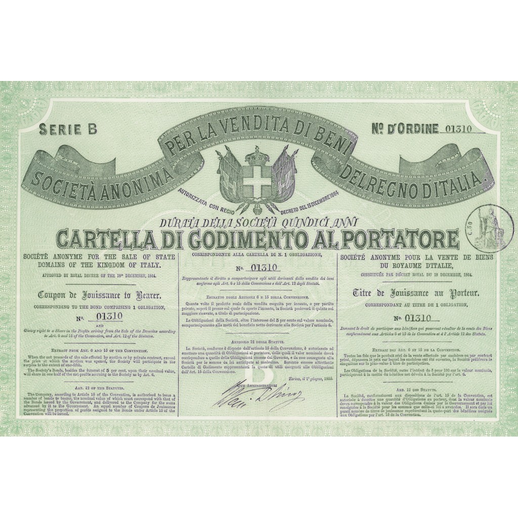 SOC. ANON. PER LA VENDITA DI BENI DEL REGNO D`ITALIA 1 OBBLIGAZIONE TORINO 1865