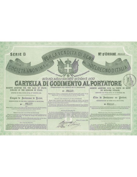 SOC. ANON. PER LA VENDITA DI BENI DEL REGNO D`ITALIA 1 OBBLIGAZIONE TORINO 1865