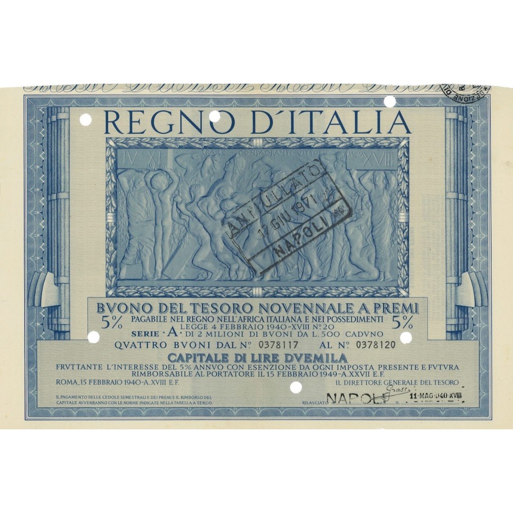 BUONO DEL TESORO NOVENNALE - SERIE A NAPOLI 1940