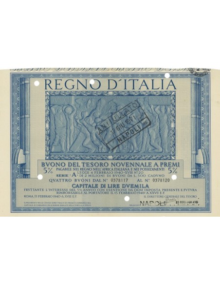 BUONO DEL TESORO NOVENNALE - SERIE A NAPOLI 1940