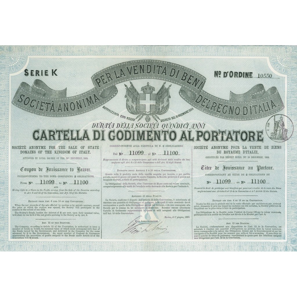 SOC. ANON. PER LA VENDITA DI BENI DEL REGNO D`ITALIA 2 OBBLIGAZIONI TORINO 1865