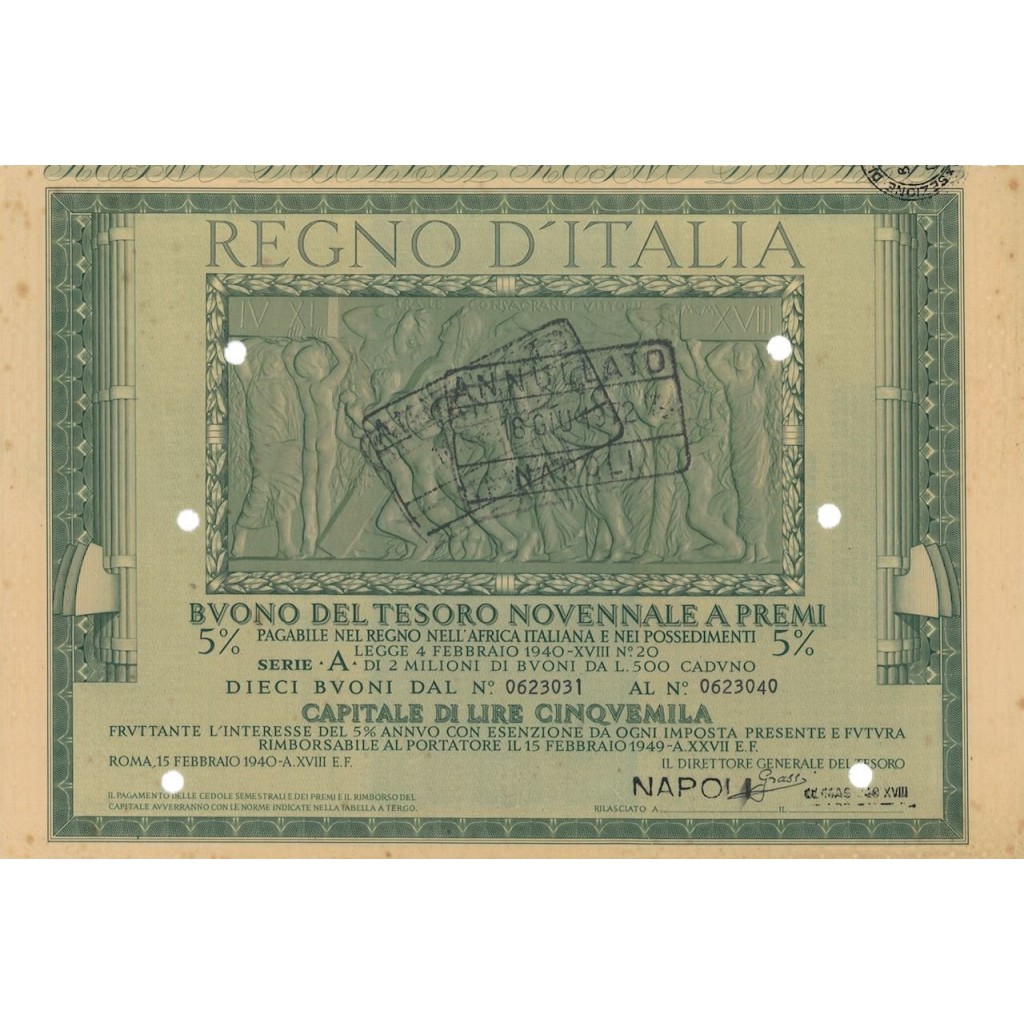 BUONO DEL TESORO NOVENNALE - SERIE A NAPOLI 1940