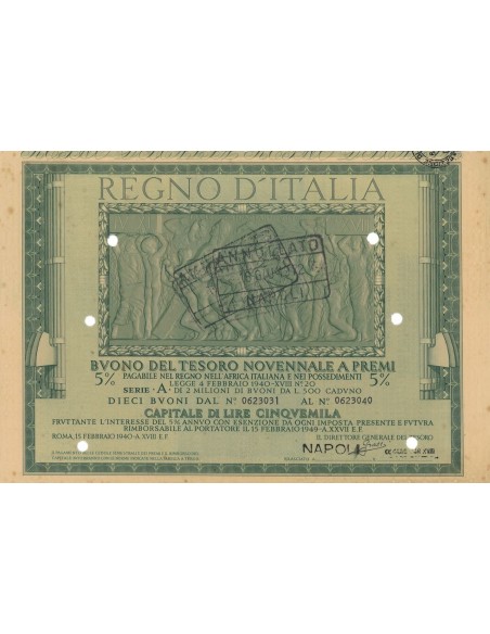 BUONO DEL TESORO NOVENNALE - SERIE A NAPOLI 1940