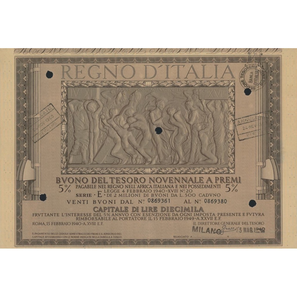BUONO DEL TESORO NOVENNALE - SERIE E MILANO 1940