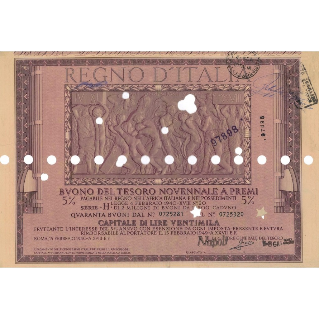 BUONO DEL TESORO NOVENNALE - SERIE H NAPOLI 1940