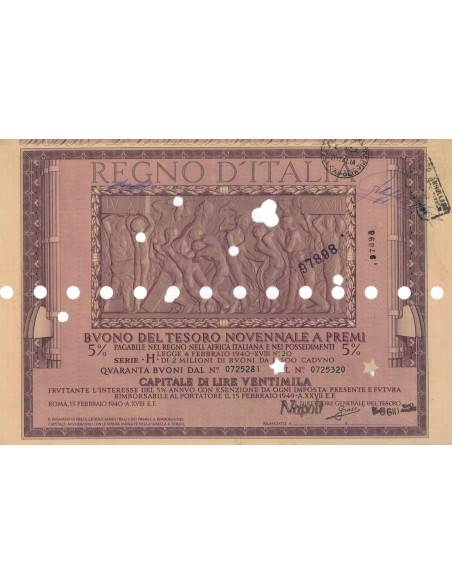 BUONO DEL TESORO NOVENNALE - SERIE H NAPOLI 1940