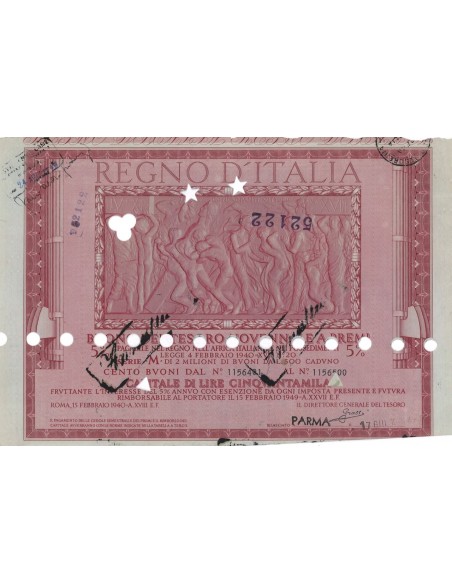 BUONO DEL TESORO NOVENNALE - SERIE M PARMA 1940