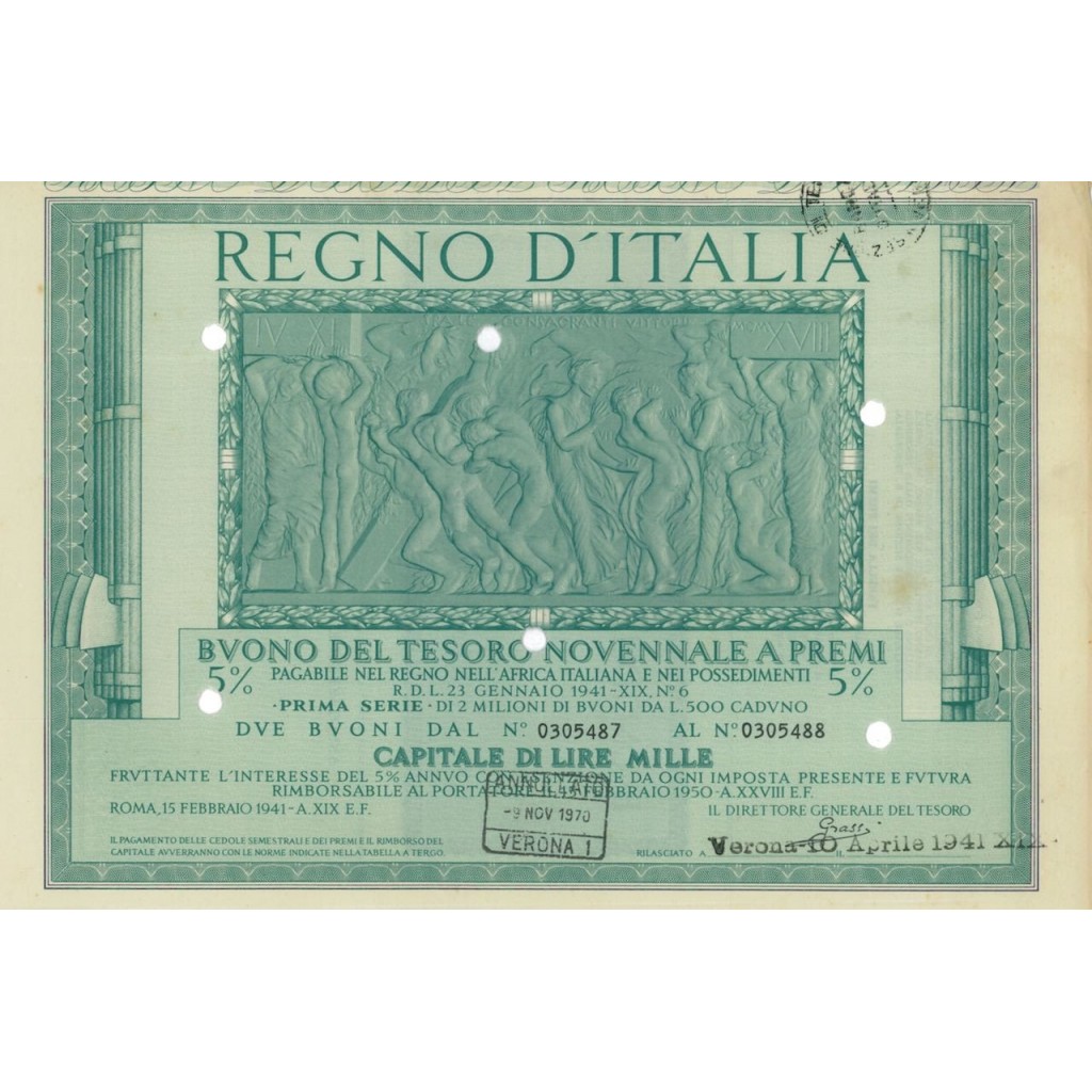 BUONO DEL TESORO NOVENNALE - PRIMA SERIE VERONA 1941