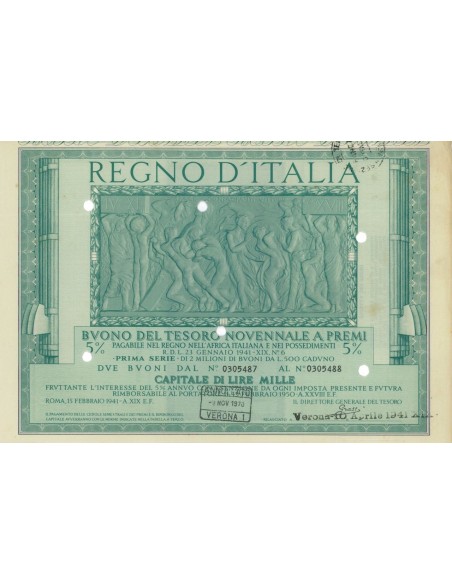 BUONO DEL TESORO NOVENNALE - PRIMA SERIE VERONA 1941