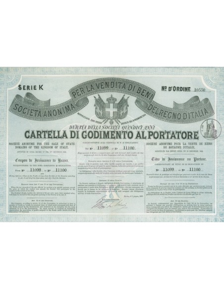 SOC. ANON. PER LA VENDITA DI BENI DEL REGNO D`ITALIA 2 OBBL. SERIE K TORINO 1865