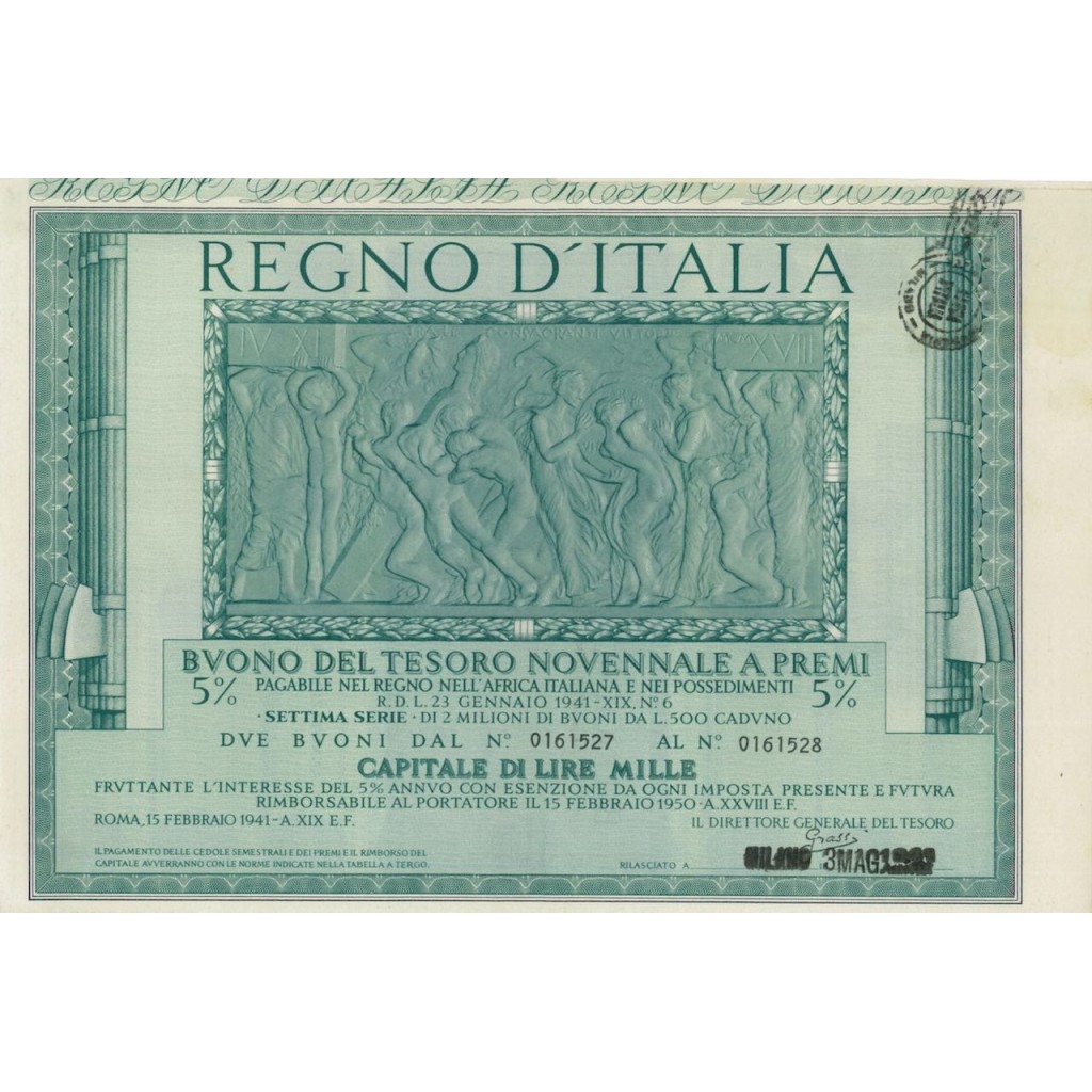 BUONO DEL TESORO NOVENNALE - SETTIMA SERIE MILANO 1941